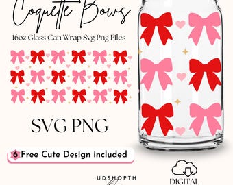 Laço de coquete de dia dos namorados 16oz Libbey Glass Can Wrap Svg, coração de laço rosa Svg, envoltório de copo de laço, design de envoltório de copo de laços de dia dos namorados Download digital