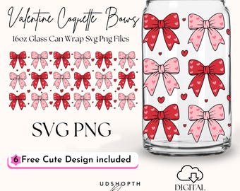 Laços de coquete de coração de dia dos namorados 16oz Libbey Glass Can Wrap Svg, Laço de coração de coquete Svg, Design de envoltório de copo de laço de dia dos namorados Download digital
