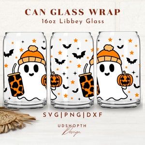 May include: Three 16oz glass can wraps featuring a ghost wearing a hat and holding a pumpkin and a can with a leopard print design. The background features bats and stars. SVG, PNG, and DXF files are included. UDShopTH Design.