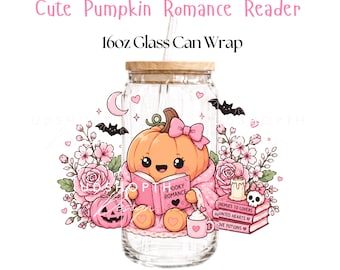 Pink Halloween Pumpkin Romance Reader 16oz Glass Can Wrap PNG (Digital Download)