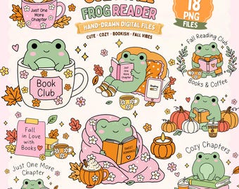 Cozy Fall Frog Reader Clipart, Hand-Drawn Book Lover PNGs (Digital Download)
