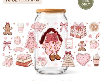 16oz Libbey Wrap PNG, Pink Christmas Bookworm Girl, Gingerbread Holiday Reader Design (Digital Download)