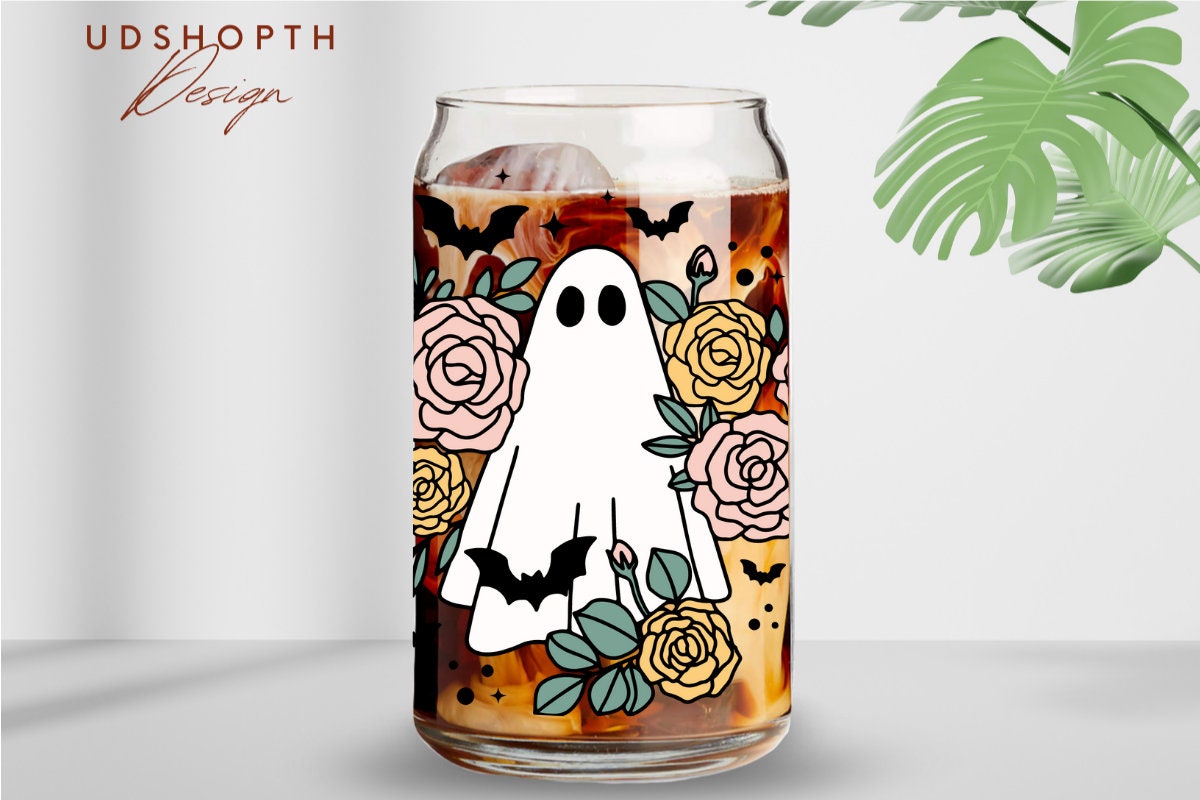 Retro Halloween Svg, Rose Floral Ghost Svg, 16oz Libbey Can Glass Svg ...