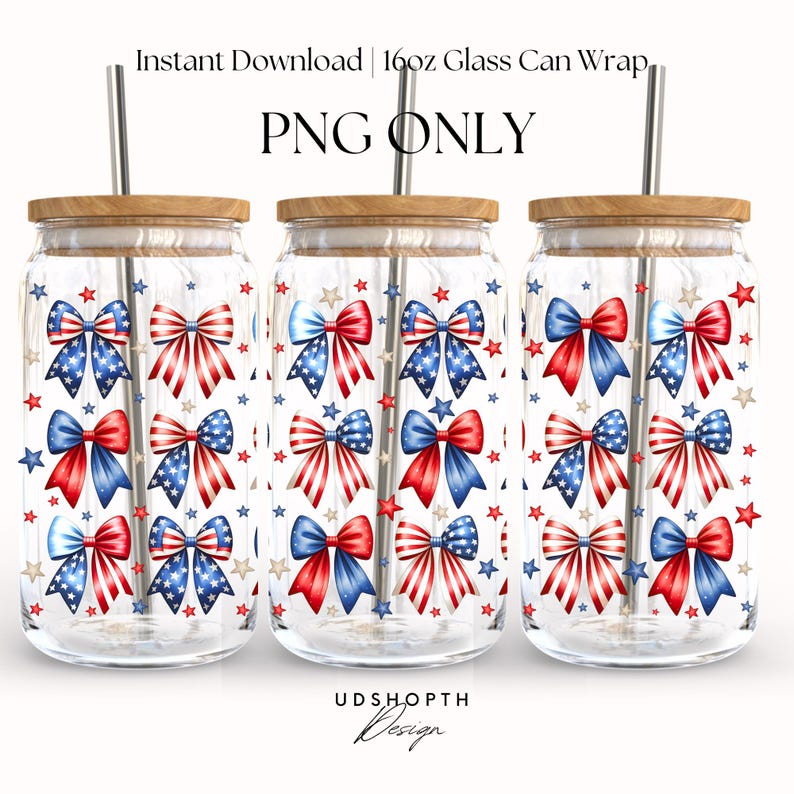 May include: Three 16oz glass can wraps with a red, white, and blue bow pattern. The wraps are designed for use with a 16oz glass can. The text "PNG ONLY" is visible in the image.