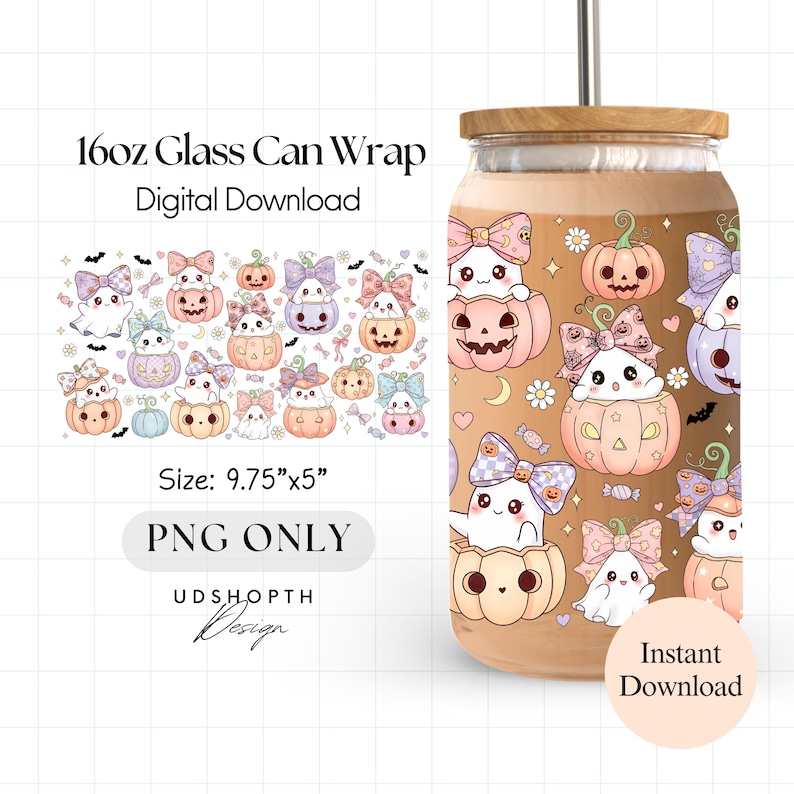 May include: A glass can wrap with a Halloween theme. The design features cute ghosts, pumpkins, and bows in pastel colors. The wrap is 9.75" x 5" and is a digital download. The text on the image says "16oz Glass Can Wrap" and "PNG ONLY".