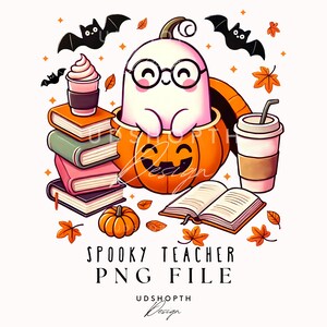 Läskig lärare png, spöklärare png, söt spöke png, Halloweenlärare, läskig säsong png, spökläsningsbok png design, digital nedladdning bild 1