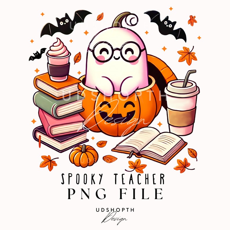 Läskig lärare png, spöklärare png, söt spöke png, Halloweenlärare, läskig säsong png, spökläsningsbok png design, digital nedladdning bild 1