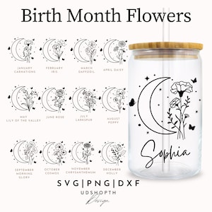 Birth Flower Glass Coffee Cup Svg, 16oz Libbey Full Wrap Svg, Mother's Day Gifts, Gift for Her, Birthday, Bridesmaid Proposal, Party Favor