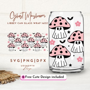 Cute Ghost Mushroom 16oz Glass Can Wrap Svg, Halloween Mushroom Svg, Magic Mushroom Svg, Funny Ghost Svg, Mushroom Lover, Retro Ghost Svg