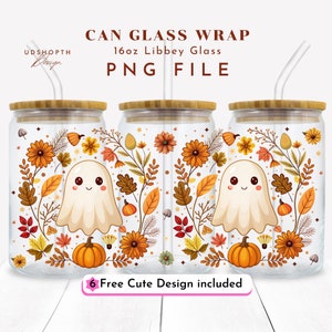 Fall Pumpkin Ghost 16oz Libbey Glass Cup Wrap Png, Autumn Ghost Sublimation Design, Cute Spooky, Autumn Ghost, Fall Season, Fall Vibes Png