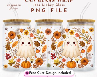 Fall Pumpkin Ghost 16oz Libbey Glass Cup Wrap Png, Autumn Ghost Sublimation Design, Cute Spooky, Autumn Ghost, Fall Season, Fall Vibes Png