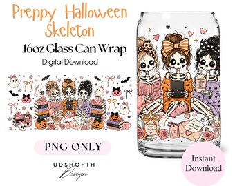 Preppy Halloween Skeleton Glass Can Wrap PNG, Coquette Halloween Libbey Wrap, 16oz Libbey Cup Wrap, Spooky Romance Reader, Bookish Skeleton
