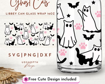 Cute Ghost Cat Svg 16oz Libbey Can Glass Svg, Halloween Cat Svg, Boo Svg, Black Cat Svg, Spooky Season Svg, Spooky Vibes Svg, Cat Lover Gift