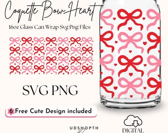 Laços de coquete de coração de dia dos namorados 16oz Libbey Glass Can Wrap Svg, coração de laço rosa Svg, design de embrulho de copo de laço de dia dos namorados SVG Download digital
