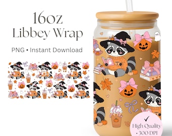 Raccoon Witch Halloween Glass Can Wrap PNG, Bookish Fall Pumpkin Design (Digital Download)