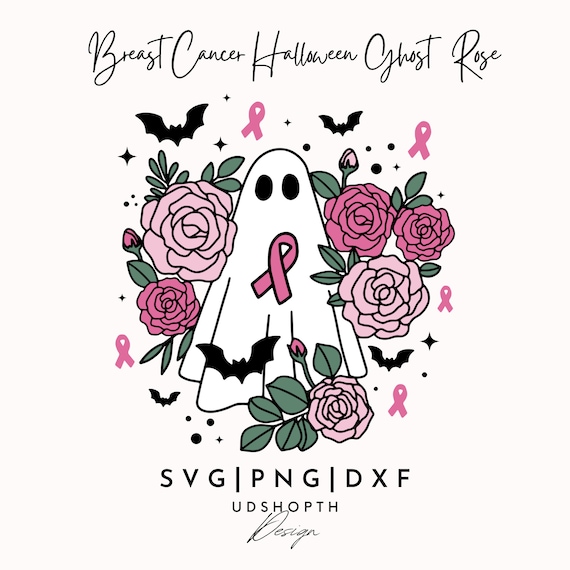 Breast Cancer Halloween Ghost Rose Svg, Pink Ghost Png, Breast Cancer Svg, Floral Ghost Svg, Cancer Ribbon Svg, Floral Ghost Outline Svg