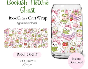 Bookish Matcha Ghost Glass Can Wrap PNG | 16oz Libbey Sublimation (Digital Download)
