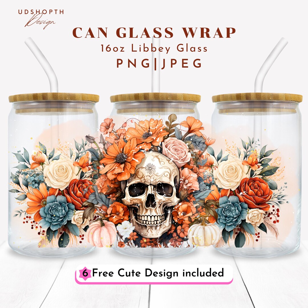 Floral Skull 16oz Glass Can Wrap Png, Pumpkin Cup, Fall Vibes Png ...