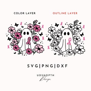 Breast Cancer Halloween Ghost Svg, Pink Ghost Png, Breast Cancer Svg, Floral Ghost Svg, Cancer Ribbon Svg, Floral Ghost Outline Svg image 2