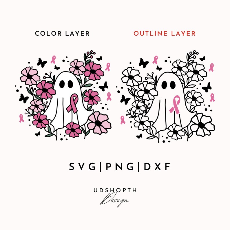 Breast Cancer Halloween Ghost Svg, Pink Ghost Png, Breast Cancer Svg, Floral Ghost Svg, Cancer Ribbon Svg, Floral Ghost Outline Svg image 2