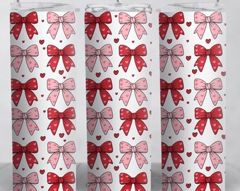 Valentine's Day Heart Coquette Bows 20oz Skinny Tumbler Wrap Png, Coquette Bow Heart Png, Valentine Bow Tumbler Wrap Design Digital Download