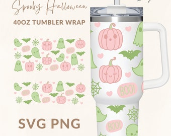 Gruseliger Halloween Tumbler Wrap SVG, 40 Unzen Tumbler Wrap SVG, Kürbis und Geist zwar, Halloween süße Geister 40 Unzen Tumbler Wrap SVG-Datei für Cricut