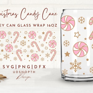 Christmas Candy Cane with Snowflake Beer Can Glass Svg, 16oz Libbey Full Wrap Svg, Winter Holiday Svg, Peppermint Svg, Libbey Template