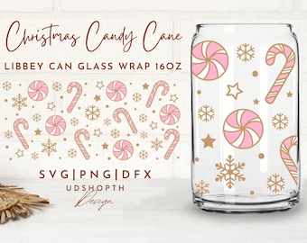 Bastão de doces de Natal com floco de neve, lata de cerveja, vidro Svg, 16 onças Libbey Full Wrap Svg, férias de inverno Svg, Peppermint Svg, modelo Libbey