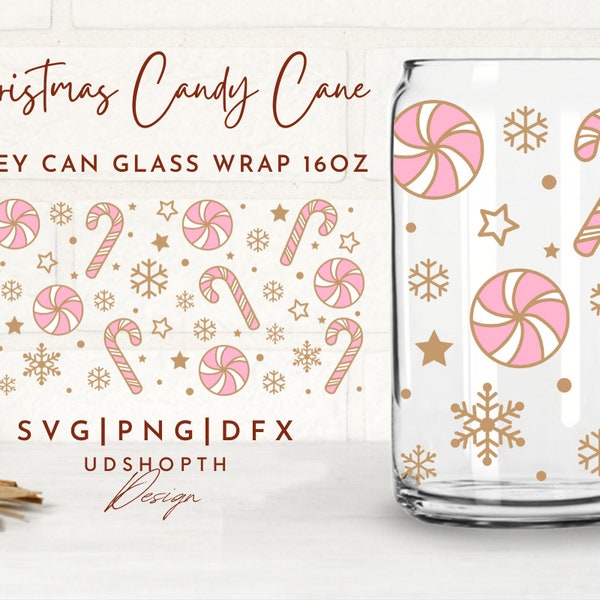 Christmas Candy Cane with Snowflake Beer Can Glass Svg, 16oz Libbey Full Wrap Svg, Winter Holiday Svg, Peppermint Svg, Libbey Template