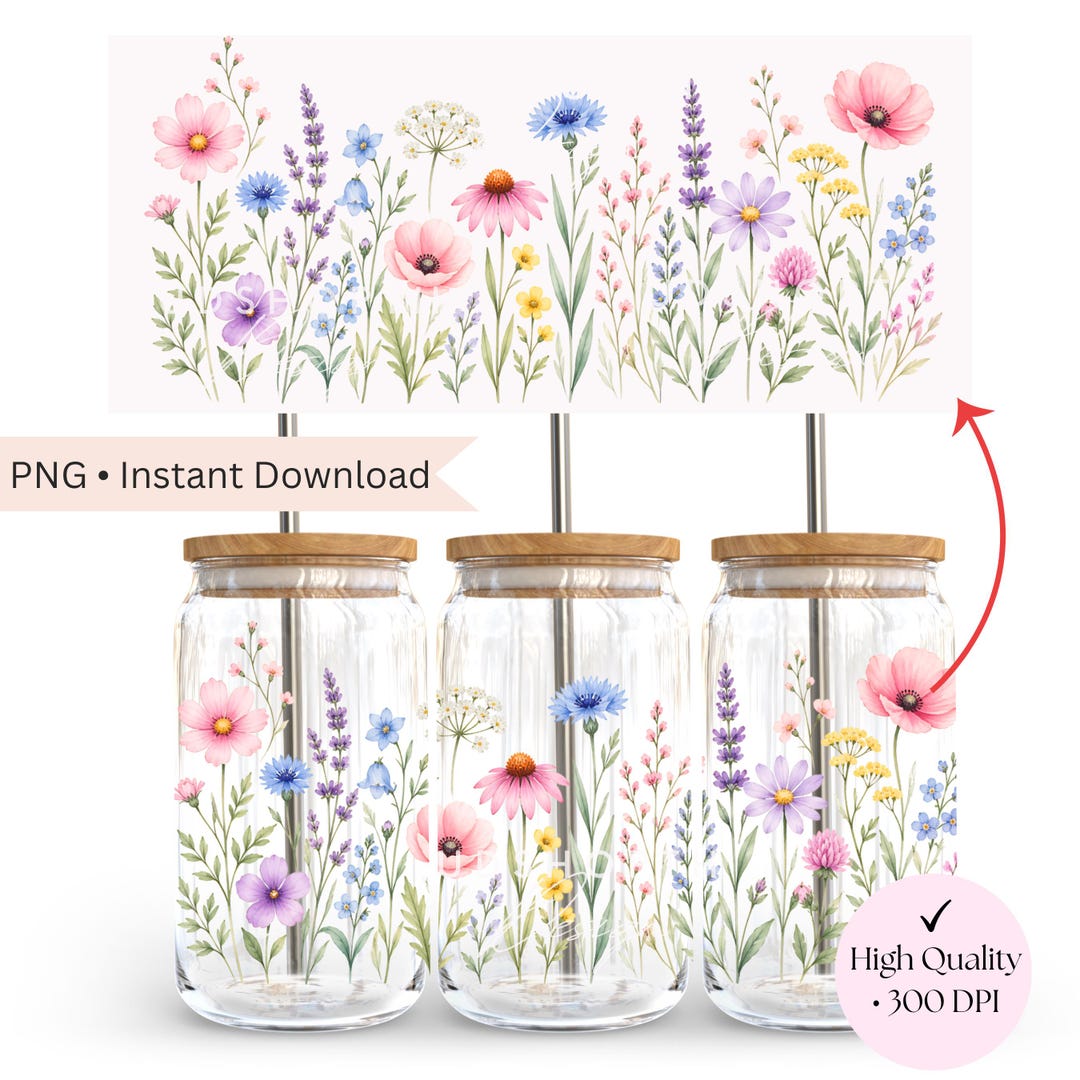 Wildflower Libbey Wrap 16oz PNG, Cottagecore Floral Glass Wrap, Pastel ...