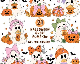 Halloween Ghost Pumpkin SVG PNG Bundle, Cute Ghost Clipart, Coquette Halloween Cricut Design, Pumpkin Sublimation, Spooky Season