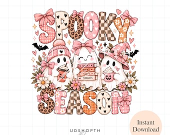 Spooky Season PNG, Bookish Halloween Ghost Clipart, Coquette Ghost Sublimation Design, Pink Fall Halloween Digital Download