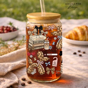 Leopard Balloon Dog Book Lover 16oz Libbey Glass Can Wrap PNG, Coquette Bookish Cup Png, Coffee and Books Wrap, Reader Aesthetic Sublimation image 9