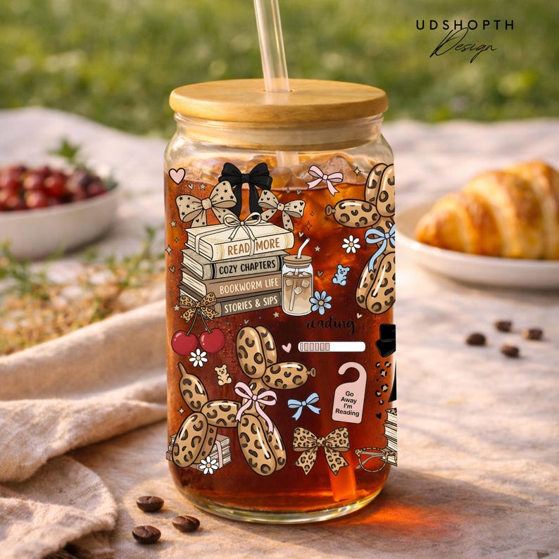 Leopard Balloon Dog Book Lover 16oz Libbey Glass Can Wrap PNG, Coquette Bookish Cup Png, Coffee and Books Wrap, Reader Aesthetic Sublimation image 9