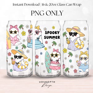 May include: Clear glass can wraps featuring cartoon ghosts in sunglasses and swimwear, with surfboards, flowers, and palm trees. The text "SPOOKY SUMMER" is displayed on one wrap. The design is available for 16 & 20oz glass cans.