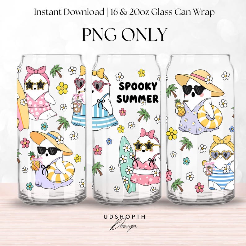 May include: Clear glass can wraps featuring cartoon ghosts in sunglasses and swimwear, with surfboards, flowers, and palm trees. The text "SPOOKY SUMMER" is displayed on one wrap. The design is available for 16 & 20oz glass cans.