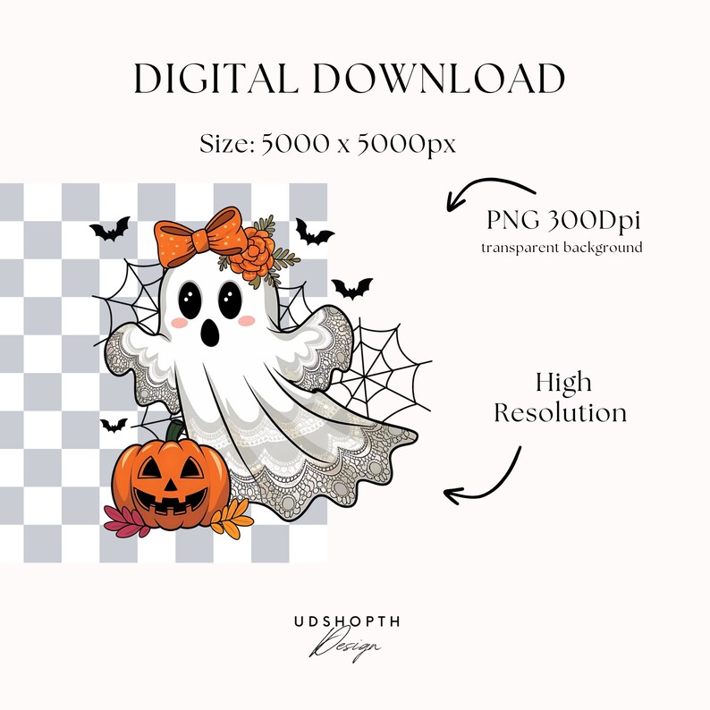 Pode incluir: Um fantasma de desenho animado fofo vestindo um vestido de renda branco e um la&ccedil;o rosa. O fantasma est&aacute; segurando uma ab&oacute;bora de Halloween e est&aacute; cercado por teias de aranha. A imagem tem um fundo transparente.