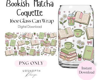 Bookish Matcha Coquette 16oz Glass Can Wrap PNG, Romance Reader Design (Digital Download)