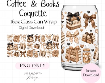 Coffee Books Coquette 16oz Glass Can Wrap PNG (Digital Download)