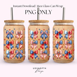 May include: Three 16oz glass can wraps with a red, white, and blue bow and star pattern. PNG ONLY.
