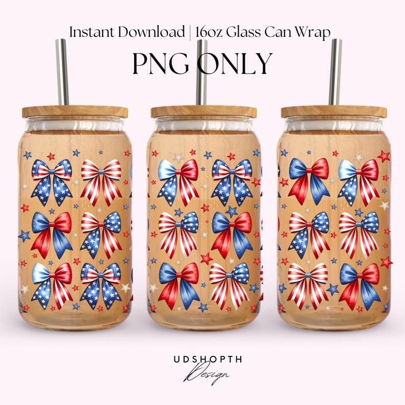 May include: Three 16oz glass can wraps with a red, white, and blue bow and star pattern. PNG ONLY.