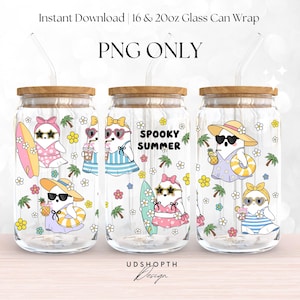 May include: Three glass can wraps with wooden lids and straws. Each wrap features a cartoon ghost in sunglasses, wearing swimwear and holding summer items. The text "SPOOKY SUMMER" is displayed on one wrap. The image also includes the text "Instant Download | 16 & 20oz Glass Can Wrap" and "PNG ONLY".