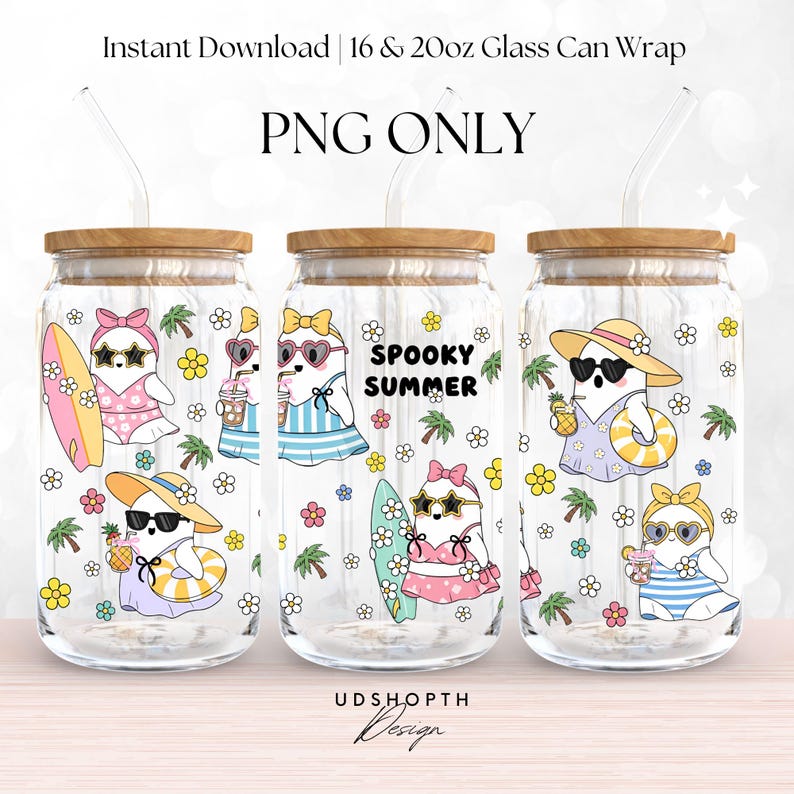 May include: Three glass can wraps with wooden lids and straws. Each wrap features a cartoon ghost in sunglasses, wearing swimwear and holding summer items. The text "SPOOKY SUMMER" is displayed on one wrap. The image also includes the text "Instant Download | 16 & 20oz Glass Can Wrap" and "PNG ONLY".