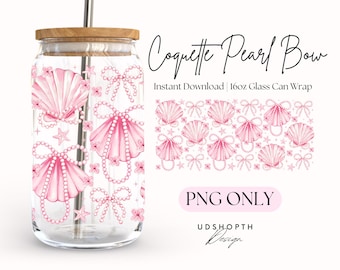 Coquette Pearl Bow 16oz Glass Can Wrap Png, Summer Clam Coquette Png, Summer Vibes, Pink Clam Png, Coquette Seashell PNG, Summer Beach Png