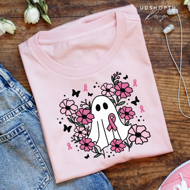 Breast Cancer Halloween Ghost Svg, Pink Ghost Png, Breast Cancer Svg, Floral Ghost Svg, Cancer Ribbon Svg, Floral Ghost Outline Svg image 3