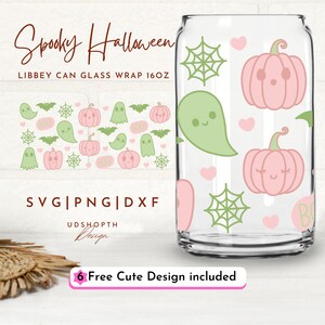 以下が含まれることがあります： ハロウィーンをテーマにした、473ml缶ガラスラッパーのデジタルデザイン。デザインには、ピンクとグリーンのかぼちゃ、幽霊、ハート、クモの巣が含まれています。デザインには、「Spooky Halloween」と「Libbey Can Glass Wrap 16oz」のテキストが含まれています。