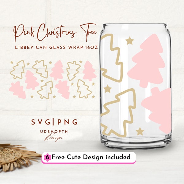 Pink Christmas Tree 16oz Glass Can Wrap Svg, Merry Christmas Svg, Christmas Trees Svg, Retro Christmas, Cute Christmas, Christmas Gift