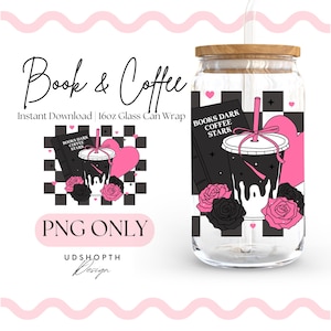 Romantasy Books 16oz Glass Can Wrap Png, Books and Coffee Glass Can, Coffee Bookish Glass Can, Book Lover Cup Wrap Design Digital Download