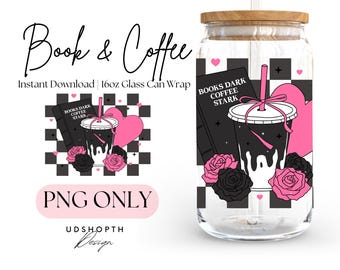 Romantasy Books 16oz Glass Can Wrap Png, Books and Coffee Glass Can, Coffee Bookish Glass Can, Book Lover Cup Wrap Design Digital Download