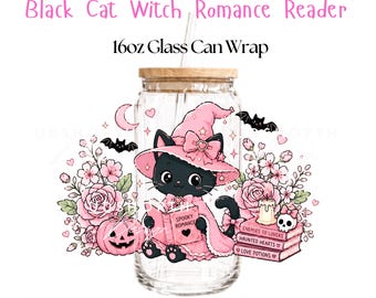 Black Cat Witch Romance Reader 16oz Glass Can Wrap, Pastel Halloween PNG (Digital Download)